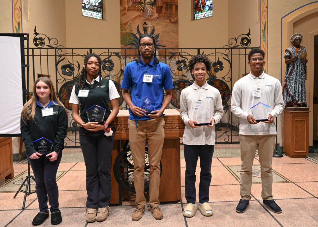 2025 St. Joseph the Worker Scholarship Winners (L to R): Baylynn Marsh, Saharah Calhoun, Micah Caldwell, Tavon Jackson, and Mark Stuckey
