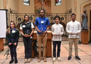 2025 St. Joseph the Worker Scholarship Winners (L to R): Baylynn Marsh, Saharah Calhoun, Micah Caldwell, Tavon Jackson, and Mark Stuckey